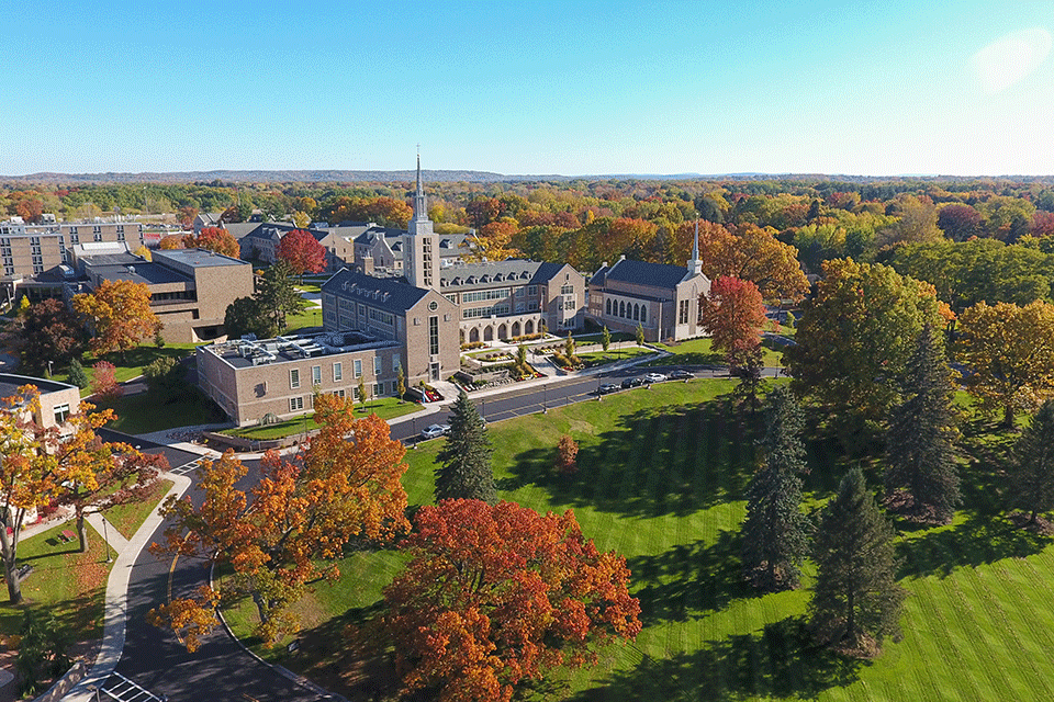 Aerial view of St. John Fisher College's campus in the fall.