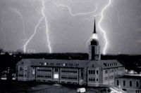 Kearney Hall with lightning striking down