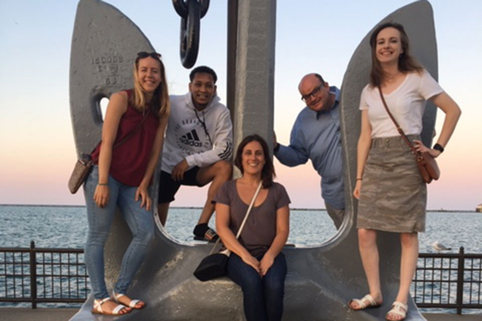Jonathan Schott, assistant director of campus ministry, and Sarah Mancini-Goebert, liturgy and music coordinator, along with students Mary Grace Shine, Abdulhady Homed, and Juliette Miller received leadership training on interfaith dialogue during the trip. 