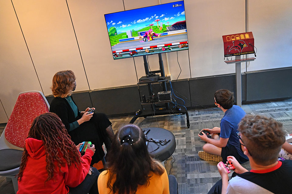 Members of the Fisher Gaming Club play Super Smash Bros. in the newly opened Gaming Lab.