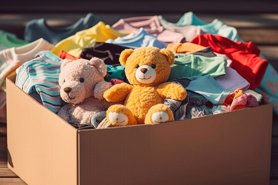 A box with toys and clothes.