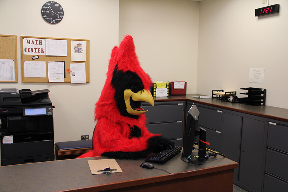 The cardinal works at a computer in the Math Center.