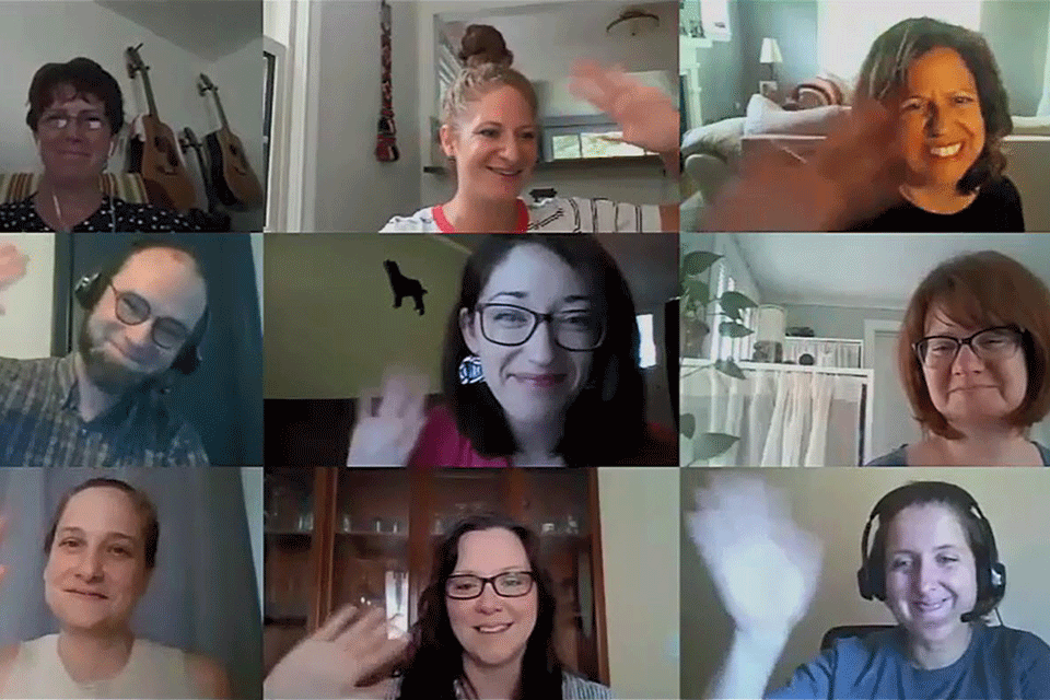 Members of the Library staff wave on a Zoom call.