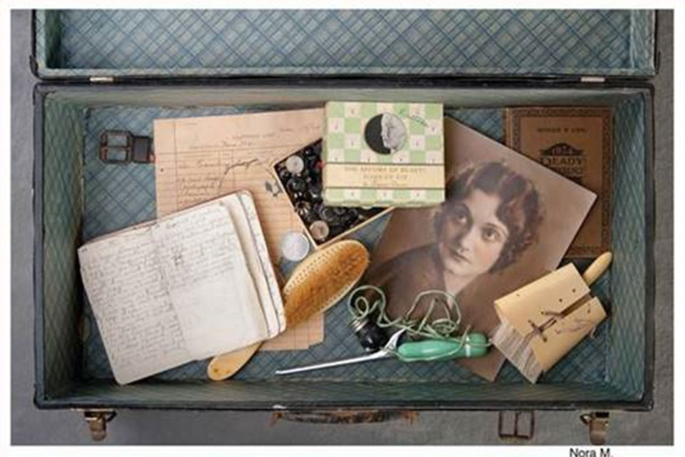 A photograph of a suitcase belonging to Nora M., a resident of Willard Asylum. 