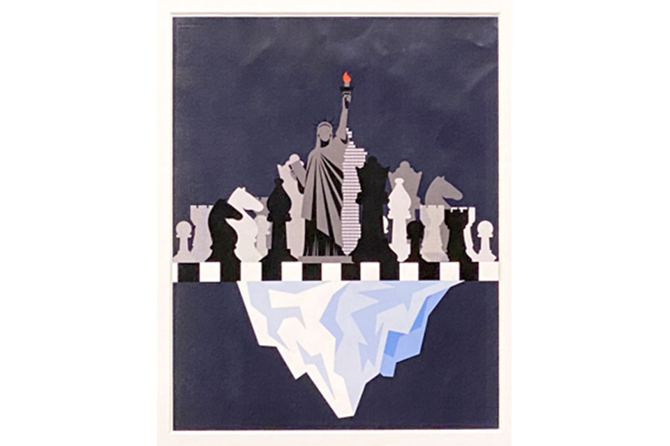 Visual art depicting a chess game taking place above an iceberg, created by nursing student Blessed Kusi.