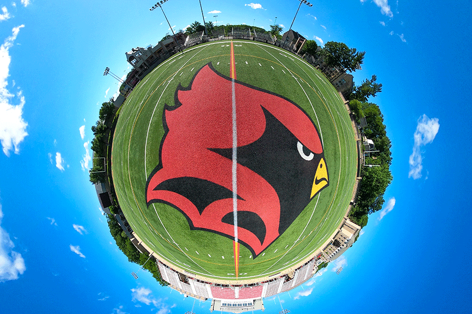 The 360-degree photo of the Fisher athletic fields warped to be shaped like a planet.