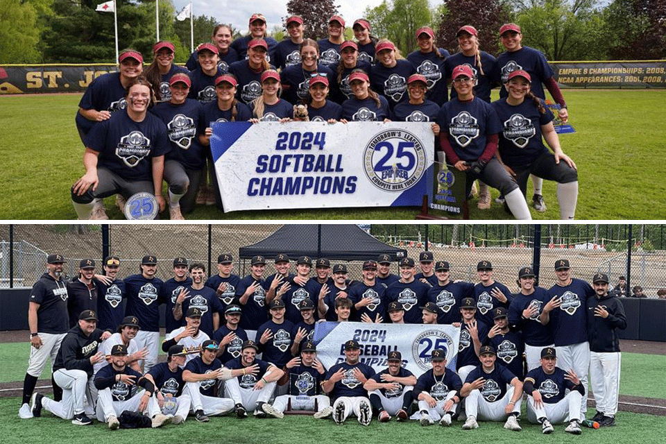 Pictures of the softball and baseball teams holding their championship banners.