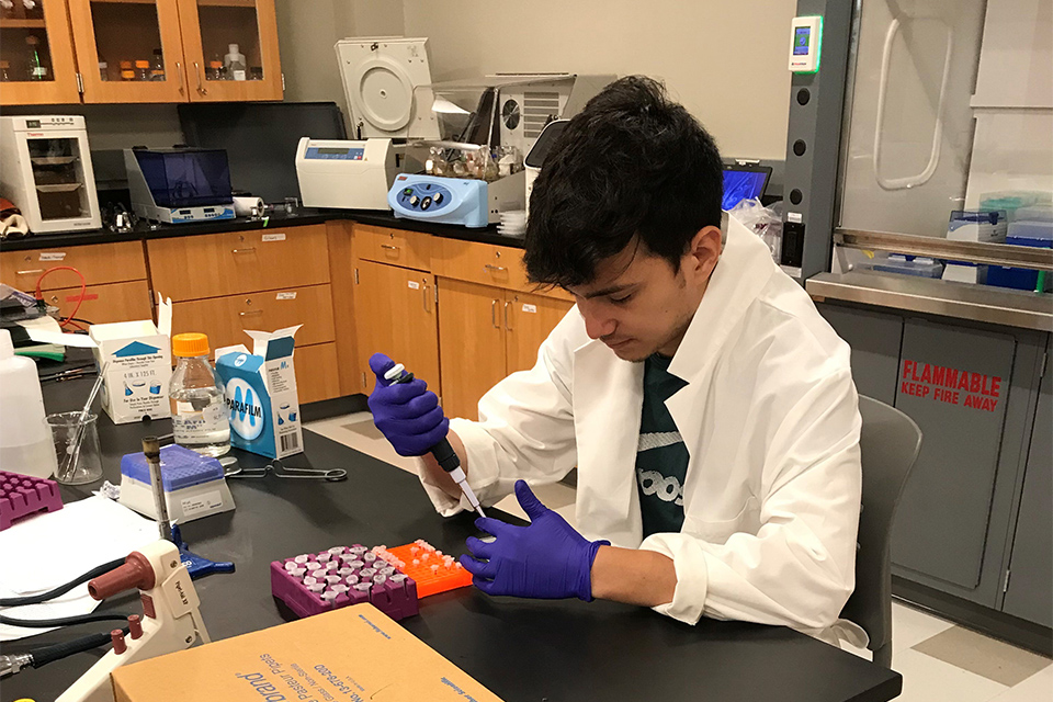 Oscar Villalta conducting research in a lab setting.