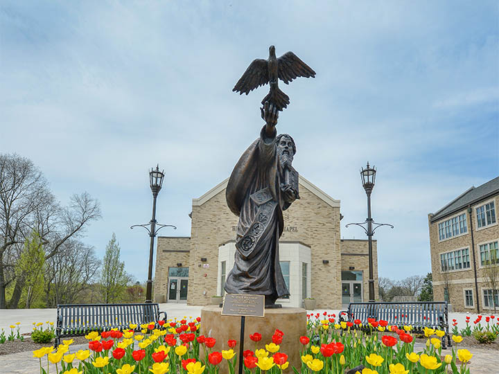 A statue of St. Basil at the Hermance Family Chapel of St. Basil the Great on the St. John Fisher College campus.