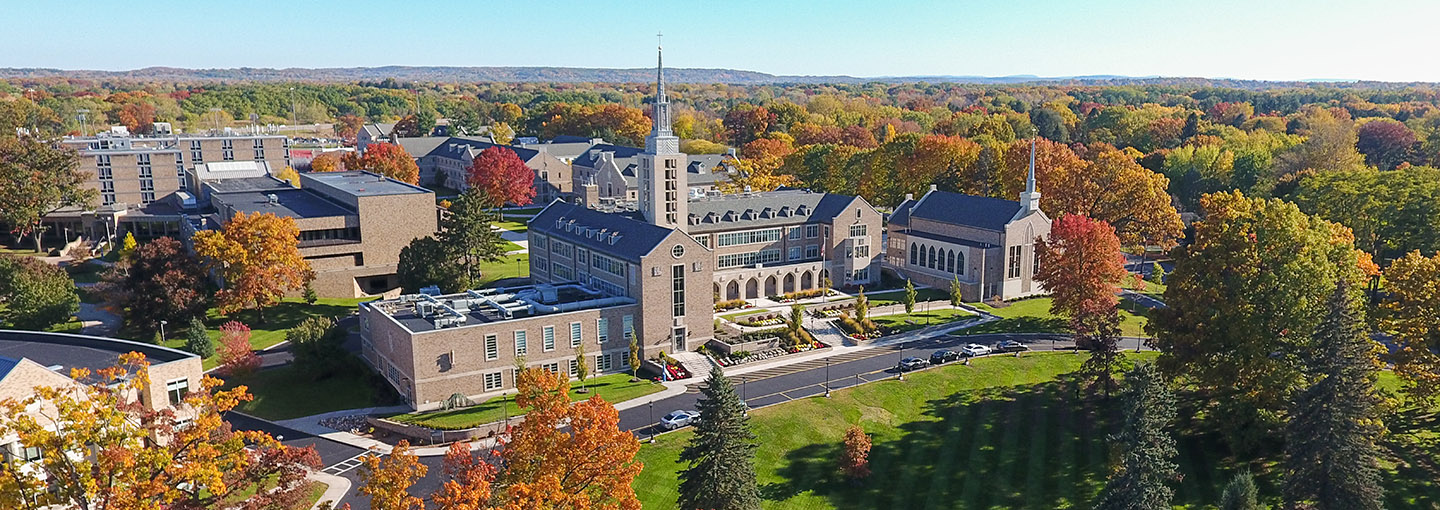Aerial view of the St. John Fisher College campus in fall.