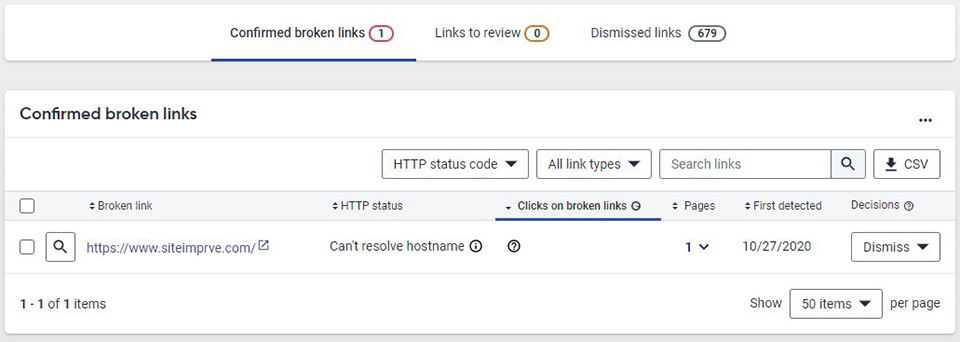 The Broken Links Report will show you a listing of all the broken links in your section along with when the link was detected, the reason for the broken link, and how many pages are affected.