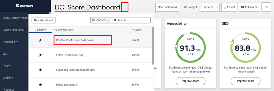 Set your default dashboard by using the dropdown arrow next to DCI Score Dashboard and selecting Content Contributor Dashboard.