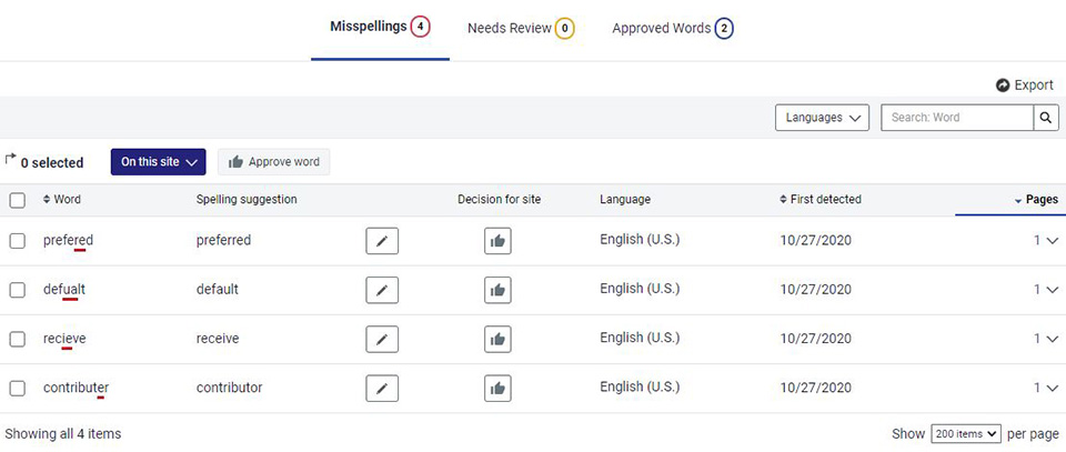 The Misspellings Report will show all the words flagged as misspellings along with spelling suggestions (if any), when the match was first detected, and the number of pages containing that misspelling.
